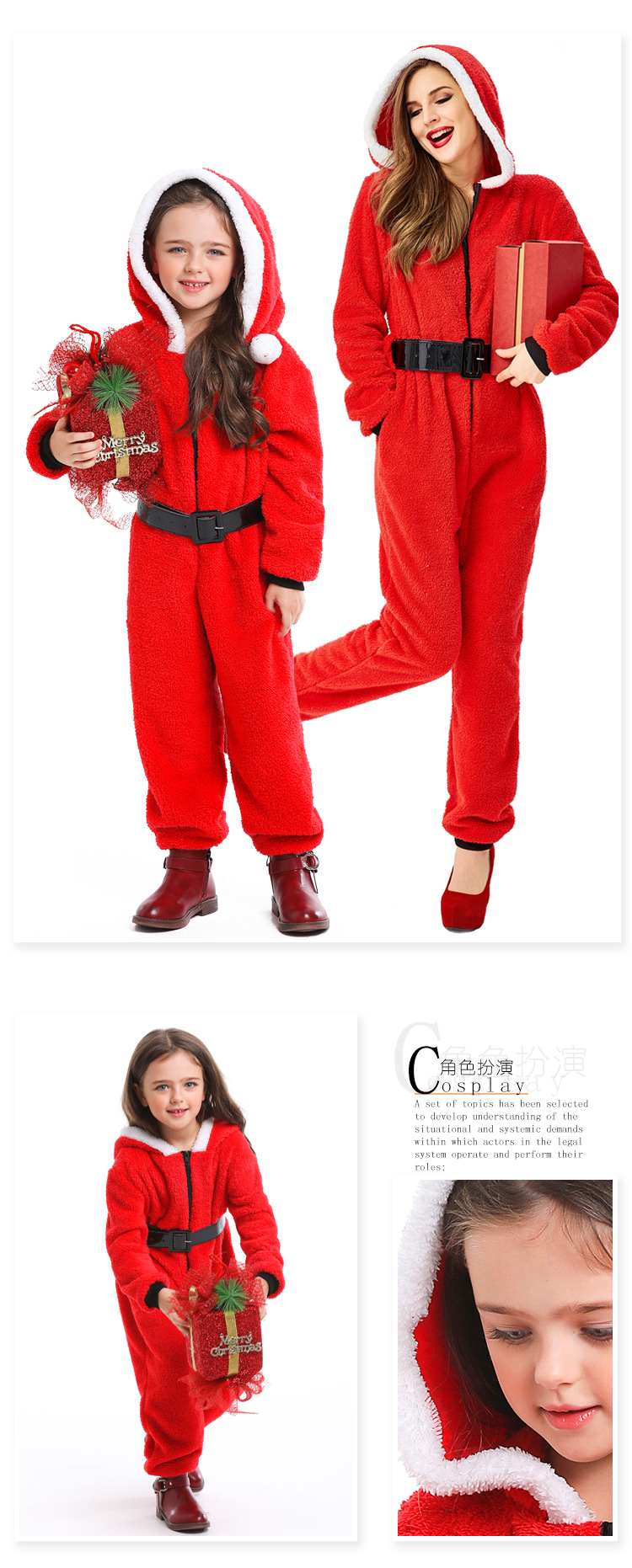 Women's Santa Claus Onesie Pajamas Plush Hooded Christmas Costume Set Holiday Party Role-Playing Costume