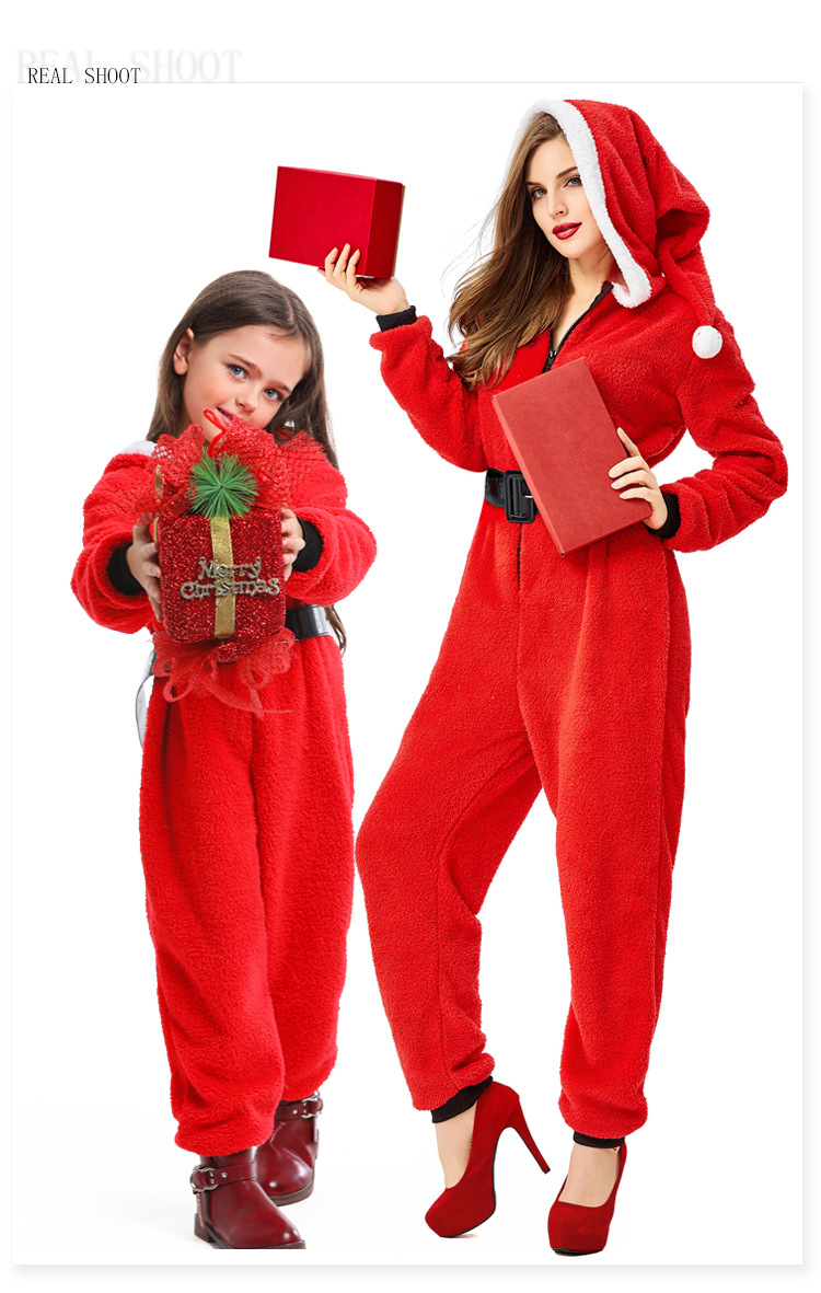 Women's Santa Claus Onesie Pajamas Plush Hooded Christmas Costume Set Holiday Party Role-Playing Costume