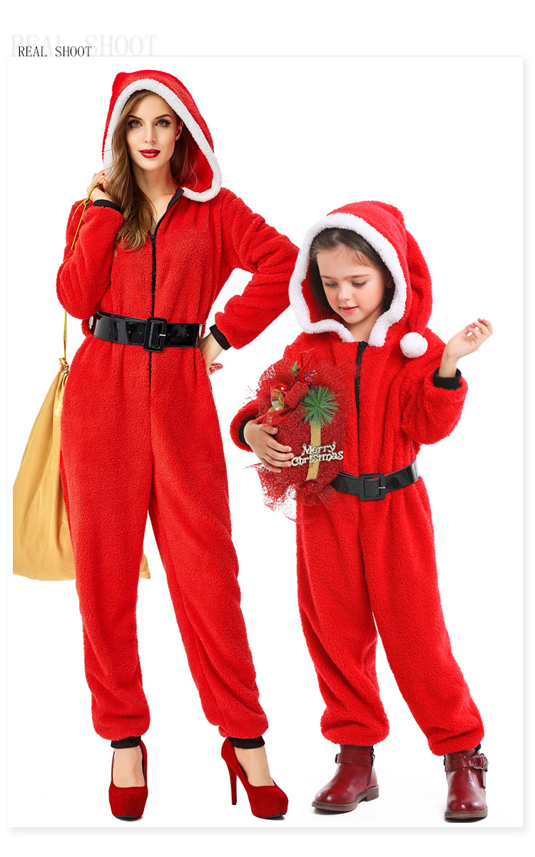 Women's Santa Claus Onesie Pajamas Plush Hooded Christmas Costume Set Holiday Party Role-Playing Costume