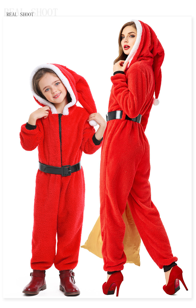 Women's Santa Claus Onesie Pajamas Plush Hooded Christmas Costume Set Holiday Party Role-Playing Costume