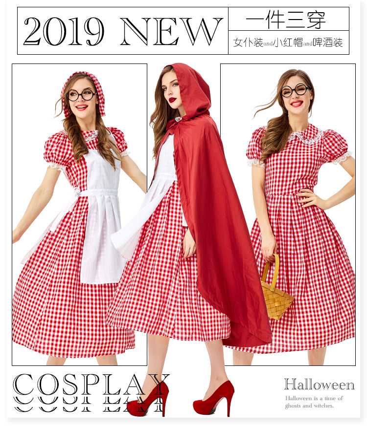 Halloween costume for adults, red plaid, cosplay of Little Red Riding Hood, The Big Bad Wolf, fairy tale character costume.