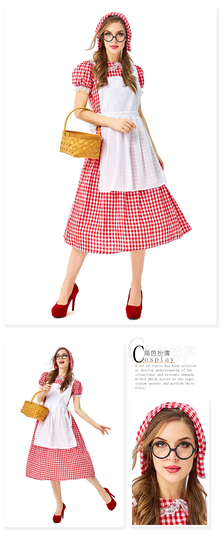 Halloween costume for adults, red plaid, cosplay of Little Red Riding Hood, The Big Bad Wolf, fairy tale character costume.