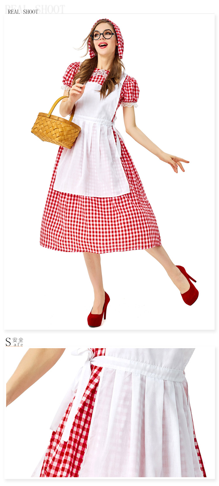 Halloween costume for adults, red plaid, cosplay of Little Red Riding Hood, The Big Bad Wolf, fairy tale character costume.