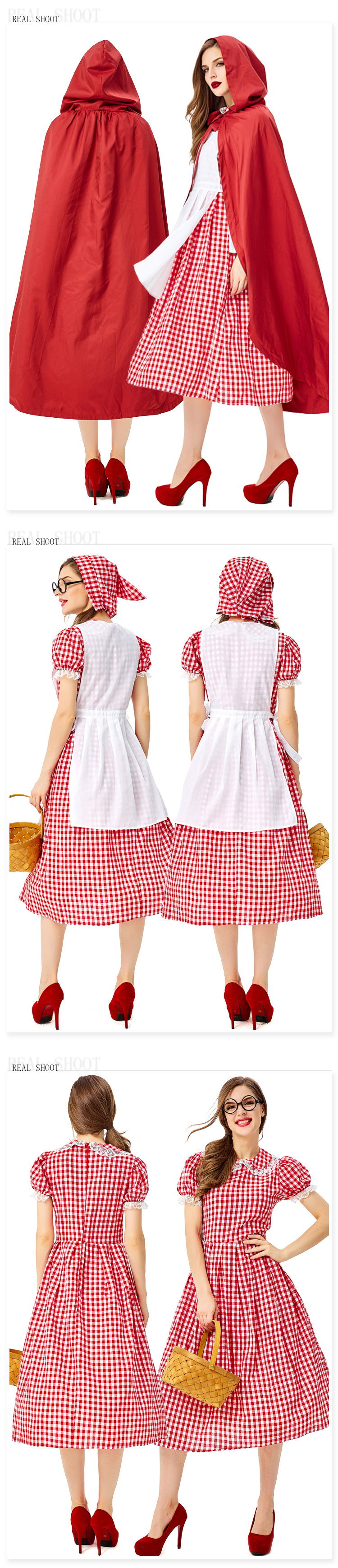 Halloween costume for adults, red plaid, cosplay of Little Red Riding Hood, The Big Bad Wolf, fairy tale character costume.