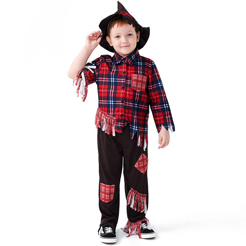 Boy's Scarecrow Costume, Children's Pastoral Ragged Plaid Cosplay Halloween Fairy Tale Stage Party Performance Costume
