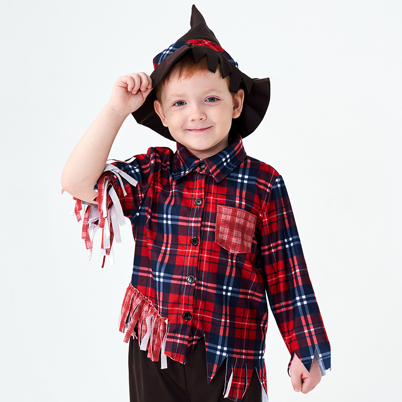 Boy's Scarecrow Costume, Children's Pastoral Ragged Plaid Cosplay Halloween Fairy Tale Stage Party Performance Costume