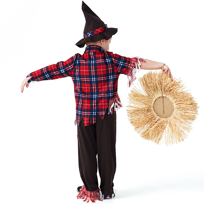 Boy's Scarecrow Costume, Children's Pastoral Ragged Plaid Cosplay Halloween Fairy Tale Stage Party Performance Costume