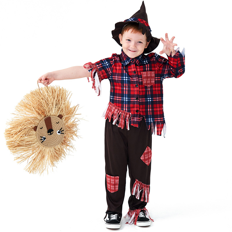 Boy's Scarecrow Costume, Children's Pastoral Ragged Plaid Cosplay Halloween Fairy Tale Stage Party Performance Costume