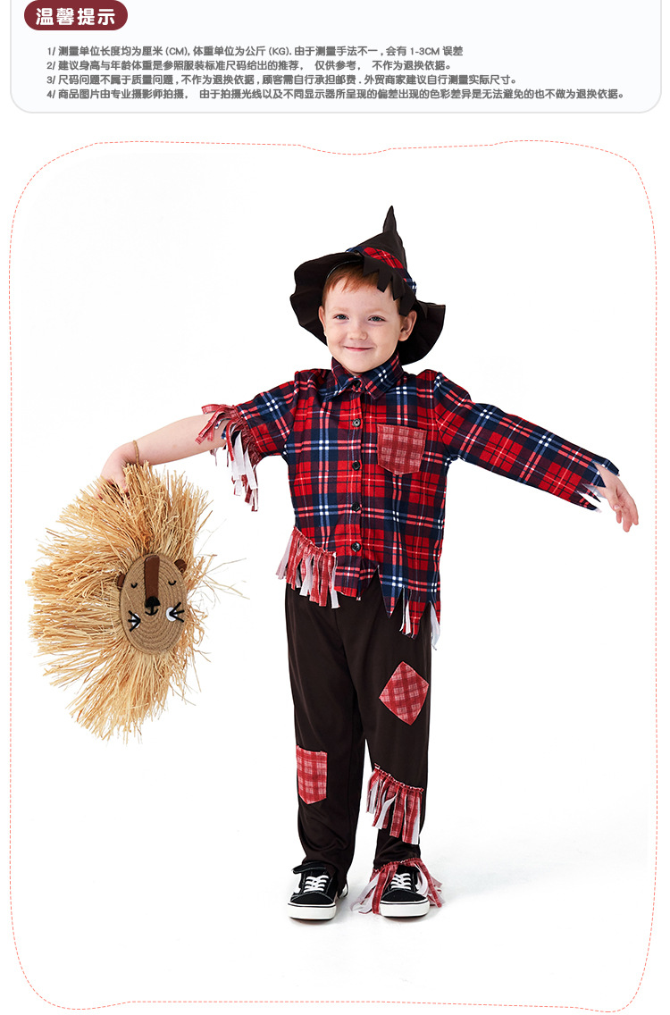 Boy's Scarecrow Costume, Children's Pastoral Ragged Plaid Cosplay Halloween Fairy Tale Stage Party Performance Costume