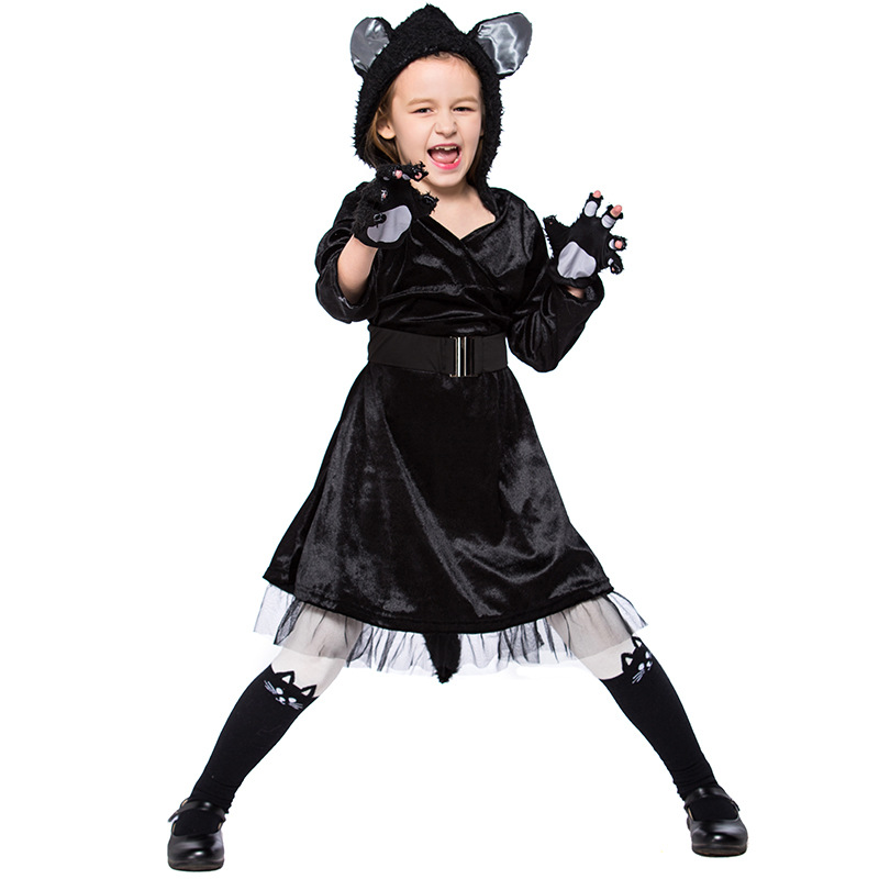 Cute little black cat costume for girls, perfect for kindergarten stage parties and animal performances.
