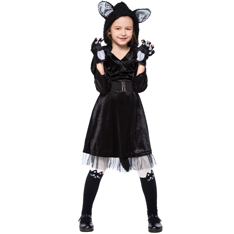 Cute little black cat costume for girls, perfect for kindergarten stage parties and animal performances.