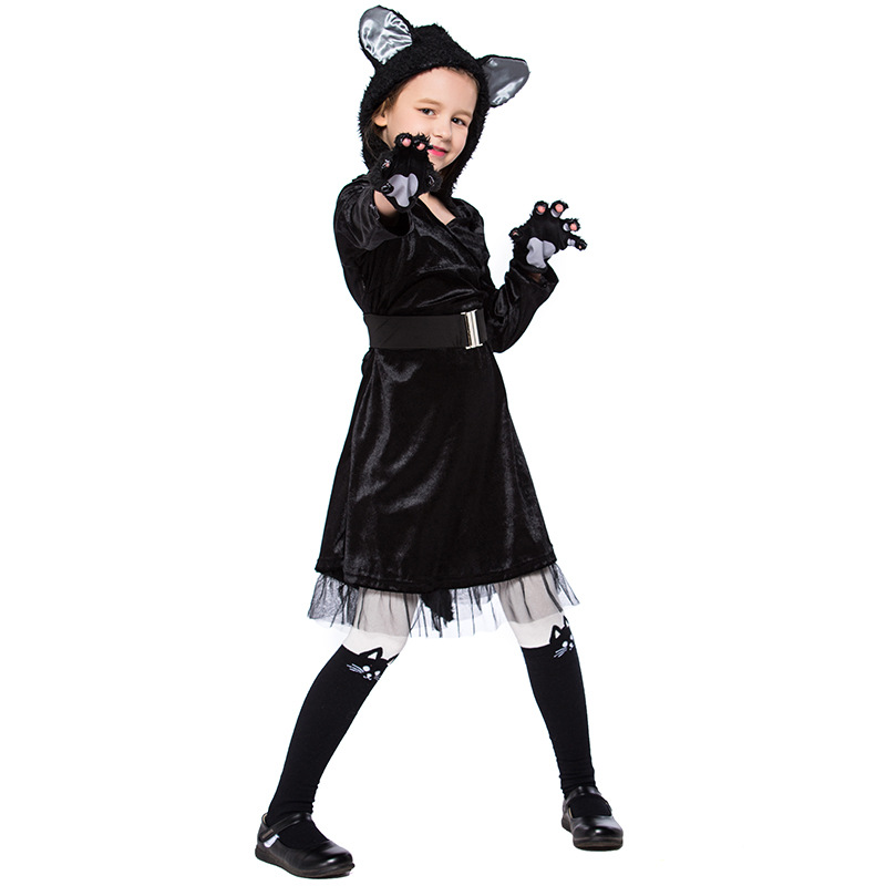 Cute little black cat costume for girls, perfect for kindergarten stage parties and animal performances.
