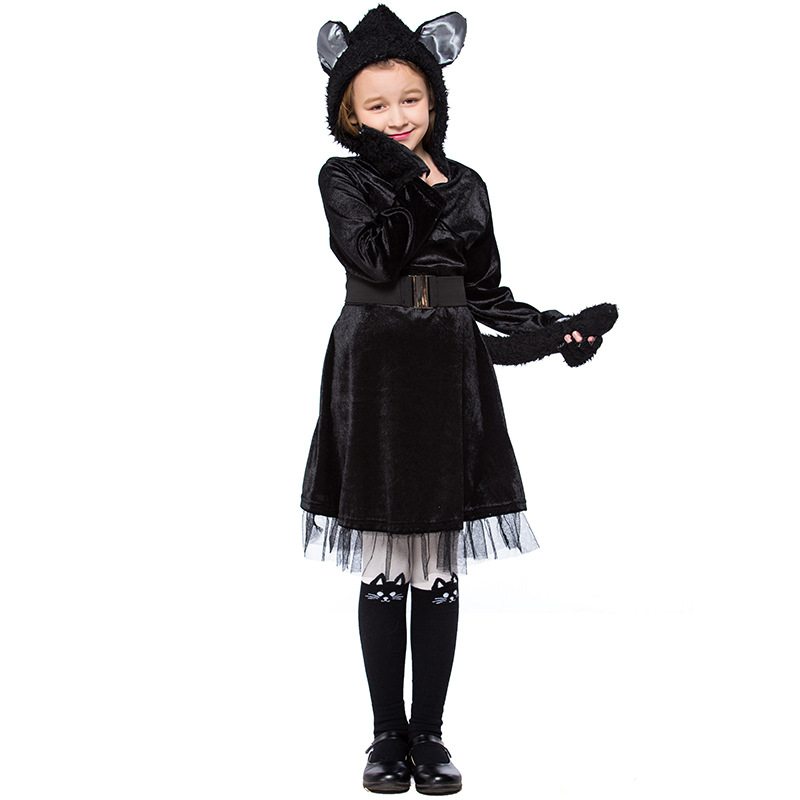 Cute little black cat costume for girls, perfect for kindergarten stage parties and animal performances.