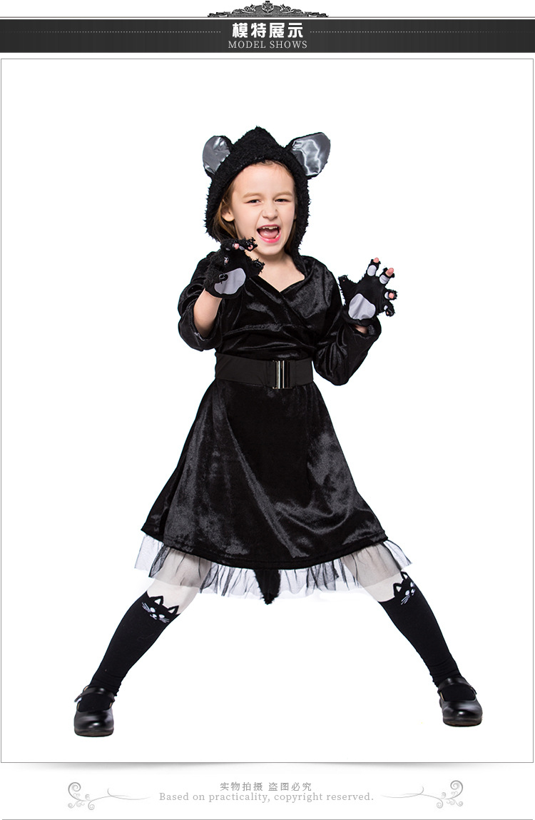 Cute little black cat costume for girls, perfect for kindergarten stage parties and animal performances.