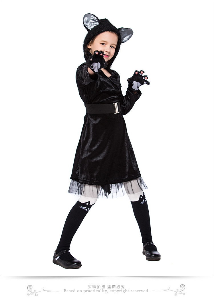 Cute little black cat costume for girls, perfect for kindergarten stage parties and animal performances.