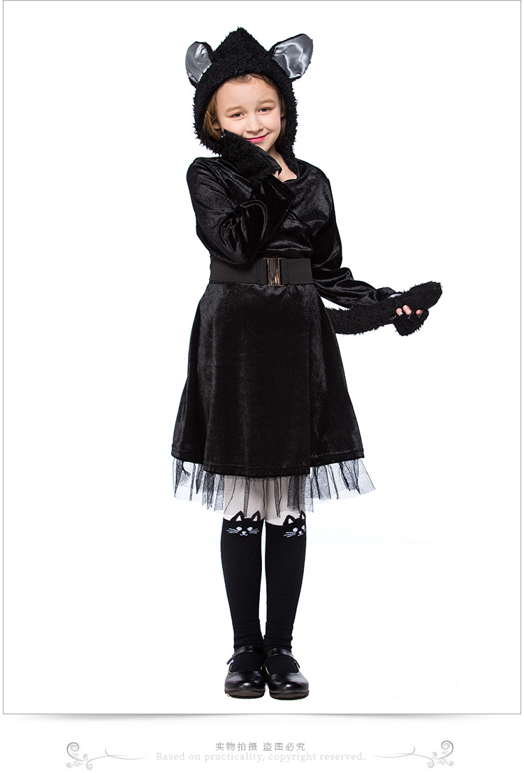 Cute little black cat costume for girls, perfect for kindergarten stage parties and animal performances.