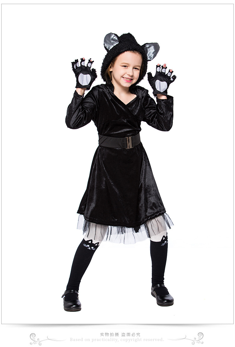 Cute little black cat costume for girls, perfect for kindergarten stage parties and animal performances.