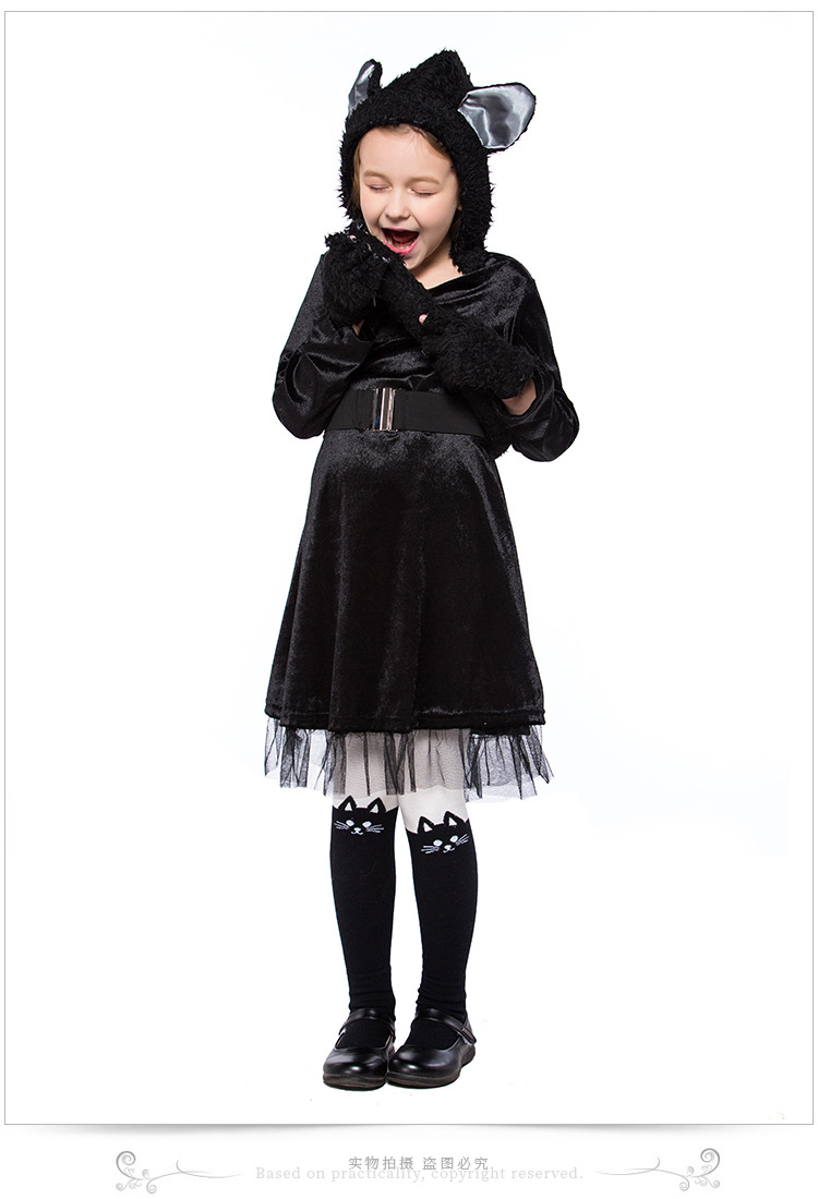Cute little black cat costume for girls, perfect for kindergarten stage parties and animal performances.