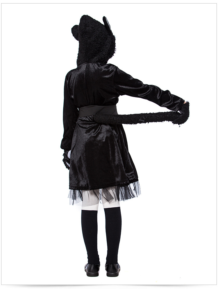 Cute little black cat costume for girls, perfect for kindergarten stage parties and animal performances.