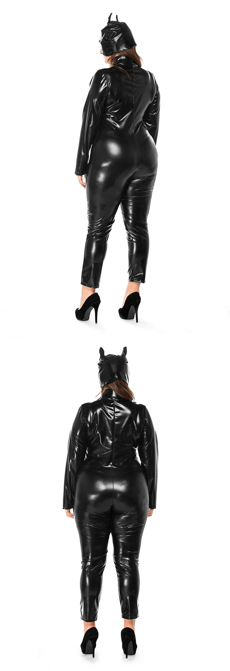 Plus-size game uniform catwoman leather outfit Black Wet Look Body Suit