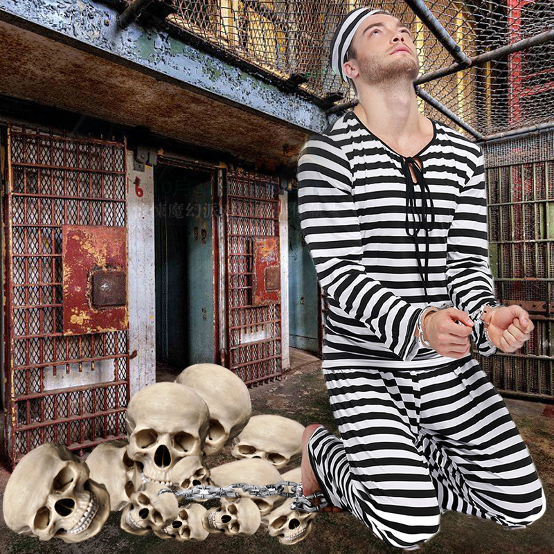 Halloween Prisoner Cosplay Costume Men's Uniform Set Zombie Costume Black and White Striped Set