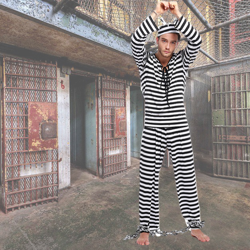 Halloween Prisoner Cosplay Costume Men's Uniform Set Zombie Costume Black and White Striped Set