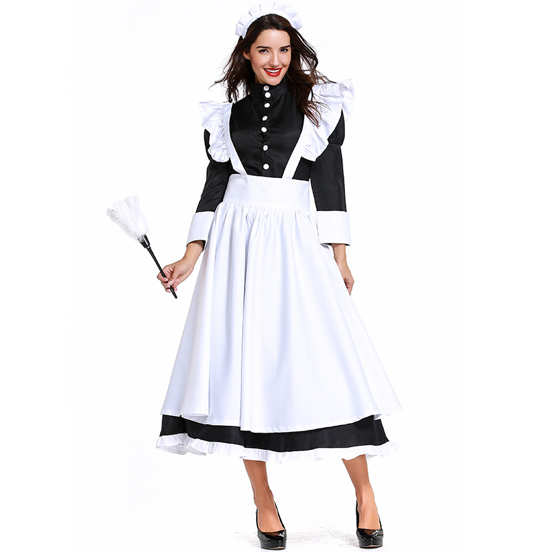 British-style movie butler outfit, French maid outfit, German servant uniform, black and white long skirt, unisex.