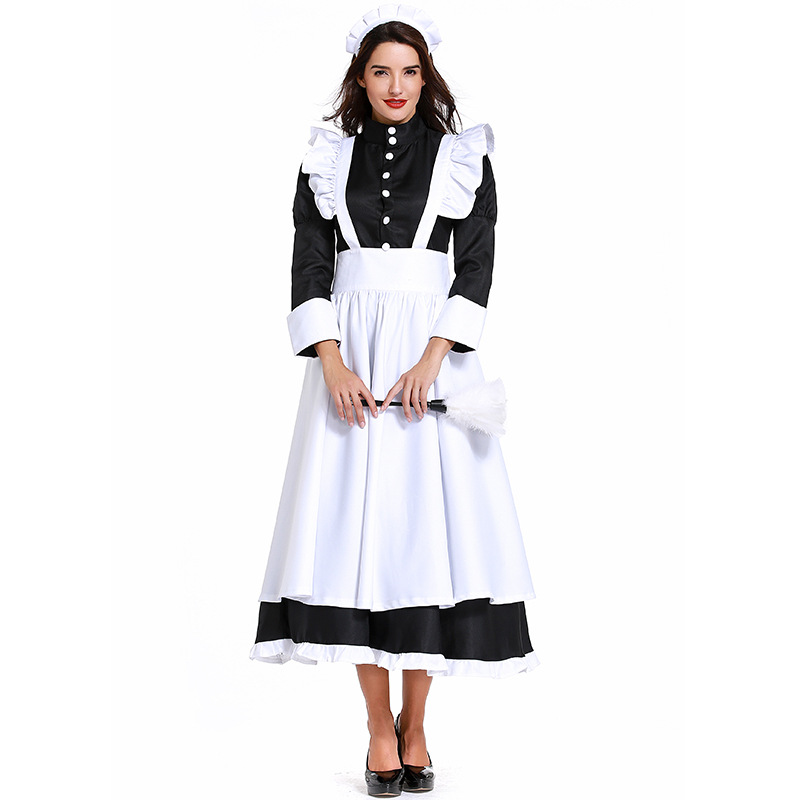 British-style movie butler outfit, French maid outfit, German servant uniform, black and white long skirt, unisex.