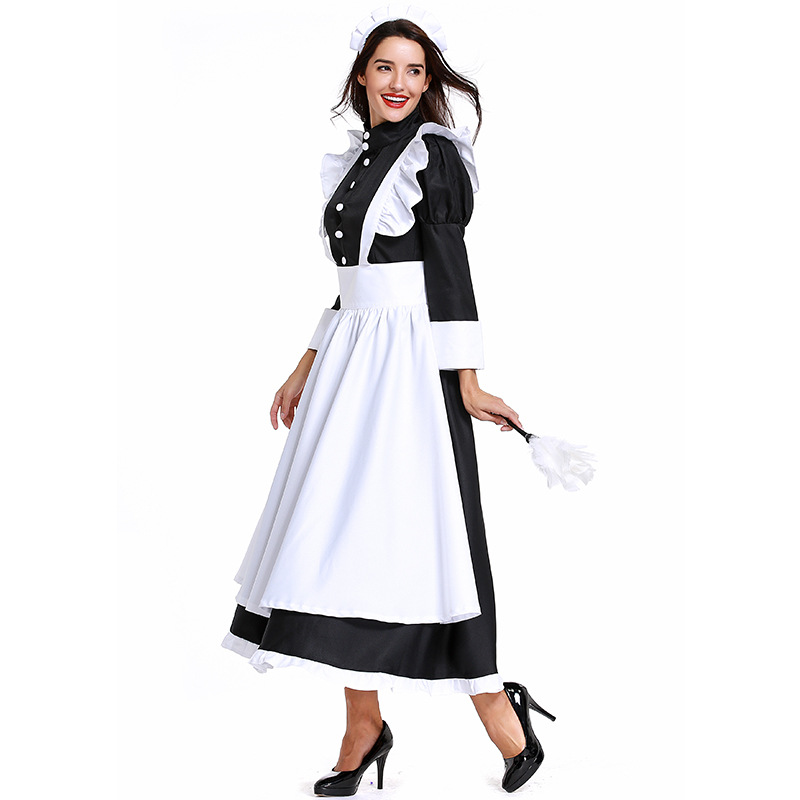 British-style movie butler outfit, French maid outfit, German servant uniform, black and white long skirt, unisex.