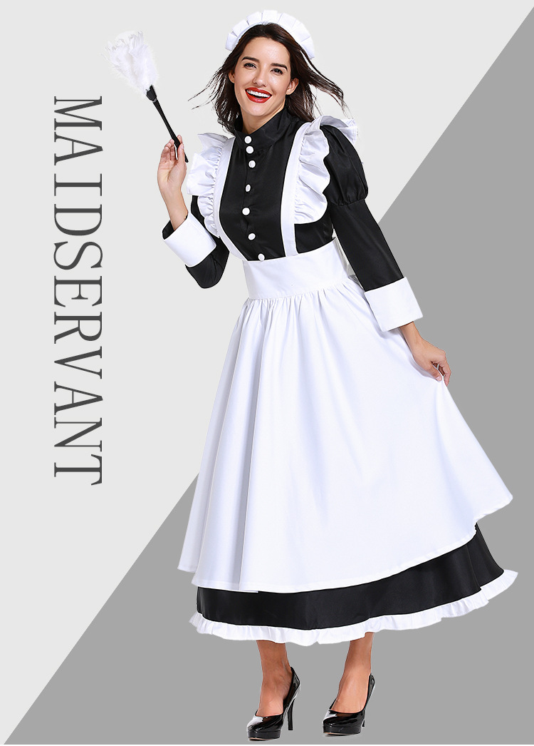 British-style movie butler outfit, French maid outfit, German servant uniform, black and white long skirt, unisex.