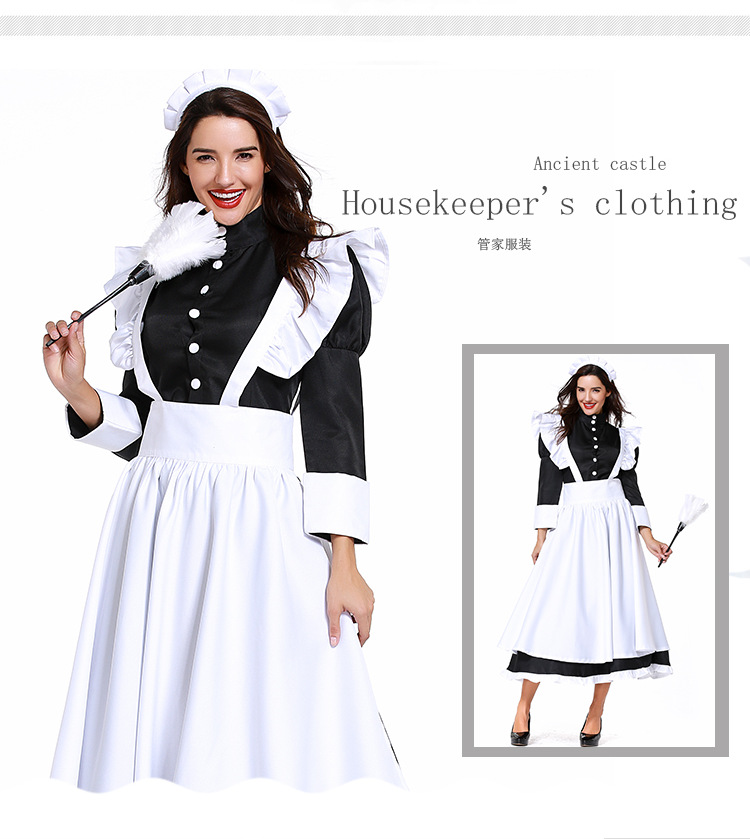 British-style movie butler outfit, French maid outfit, German servant uniform, black and white long skirt, unisex.