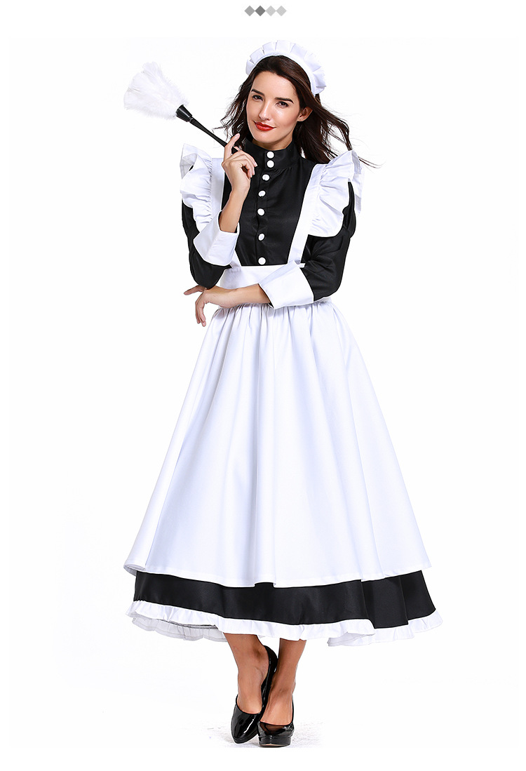 British-style movie butler outfit, French maid outfit, German servant uniform, black and white long skirt, unisex.