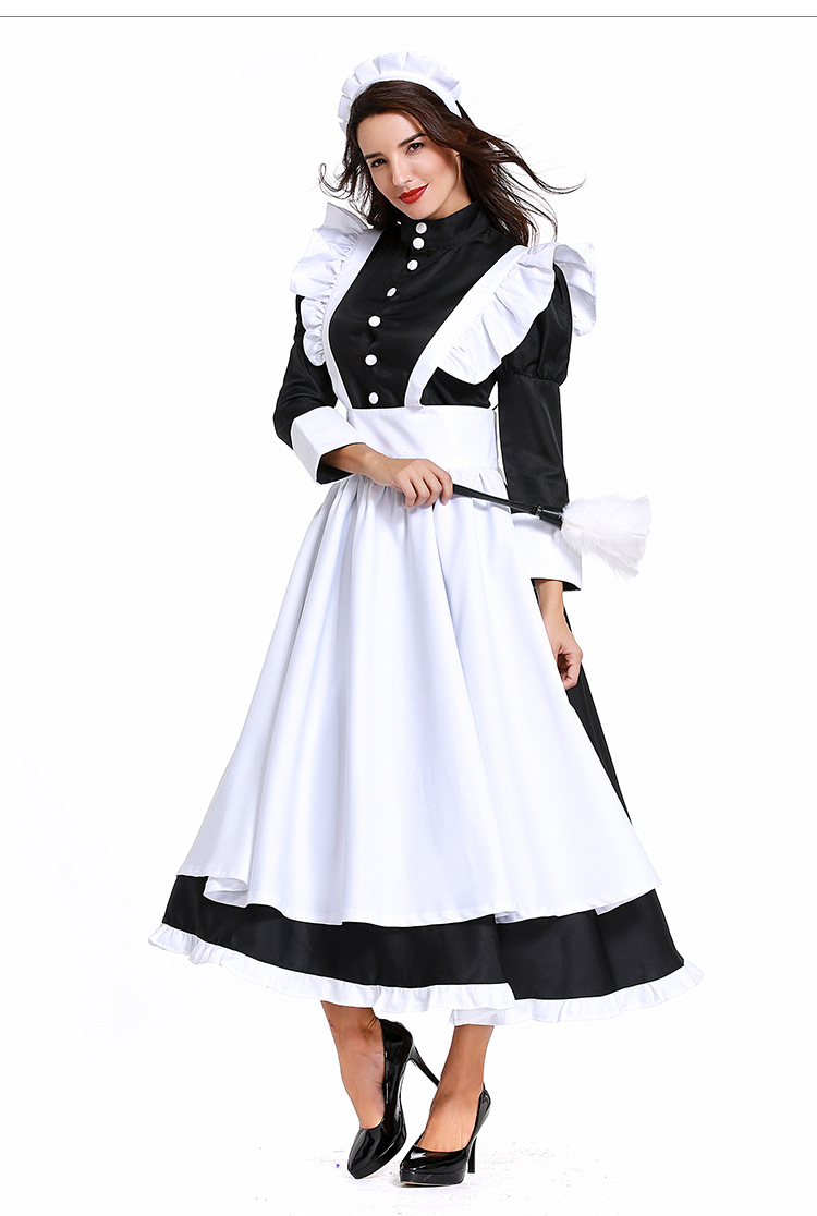British-style movie butler outfit, French maid outfit, German servant uniform, black and white long skirt, unisex.