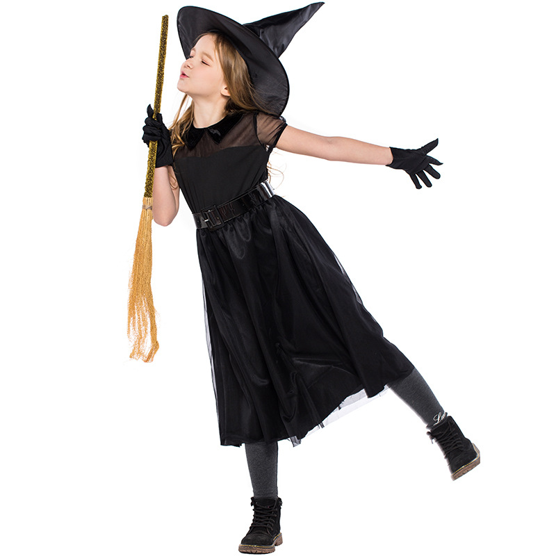 Halloween witch costume, black mesh little witch children's costume, performance costume, crazy witch role-playing costume.