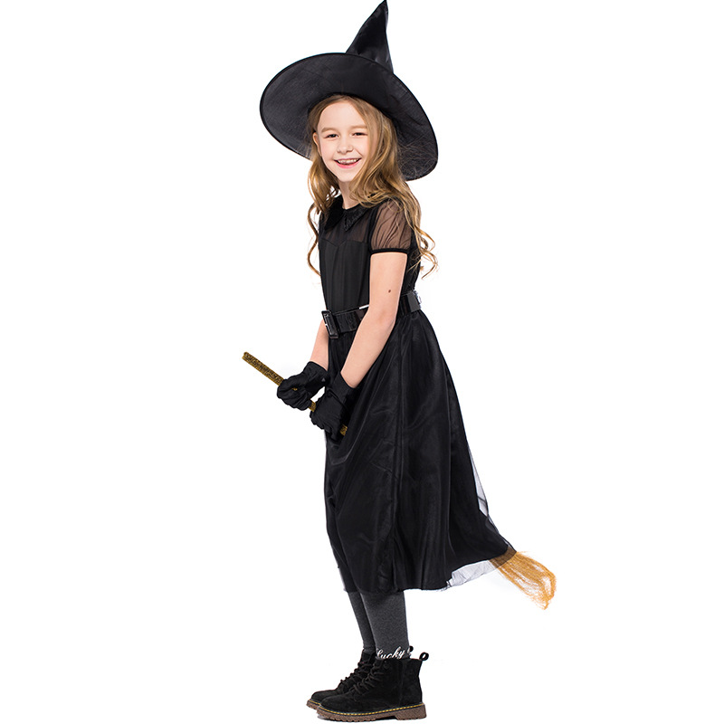 Halloween witch costume, black mesh little witch children's costume, performance costume, crazy witch role-playing costume.