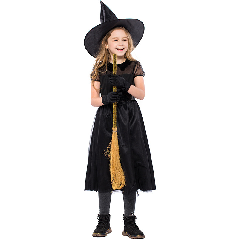 Halloween witch costume, black mesh little witch children's costume, performance costume, crazy witch role-playing costume.