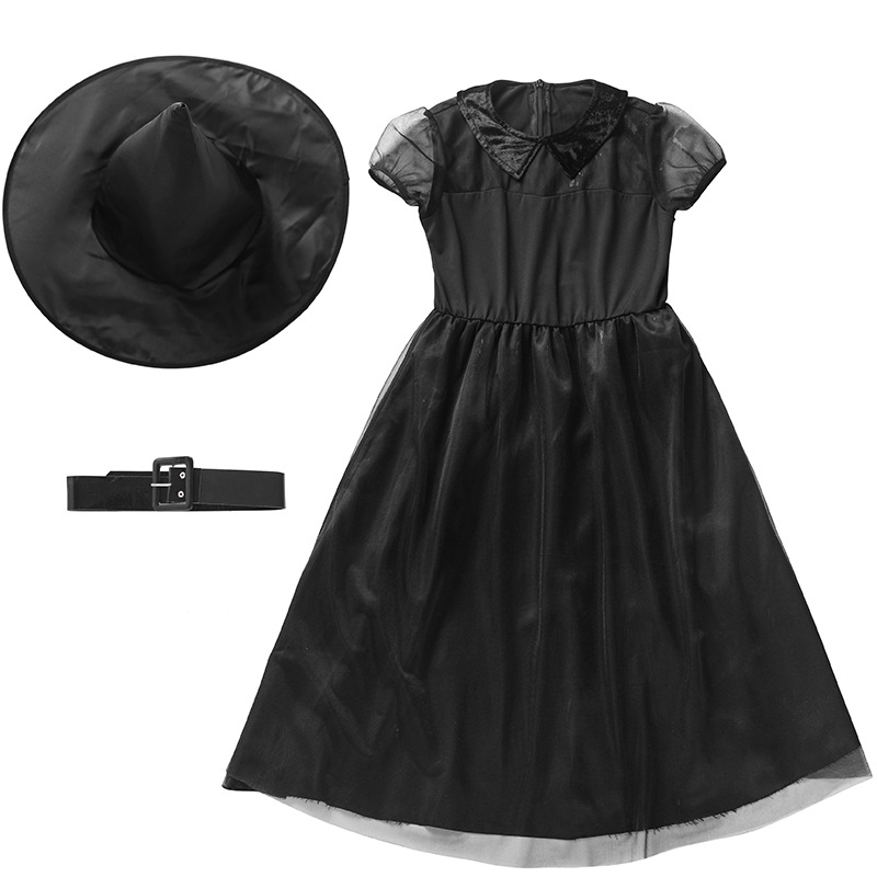 Halloween witch costume, black mesh little witch children's costume, performance costume, crazy witch role-playing costume.