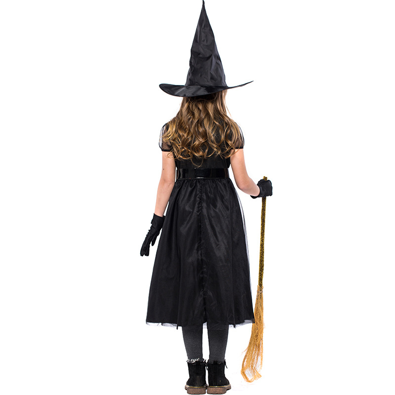 Halloween witch costume, black mesh little witch children's costume, performance costume, crazy witch role-playing costume.