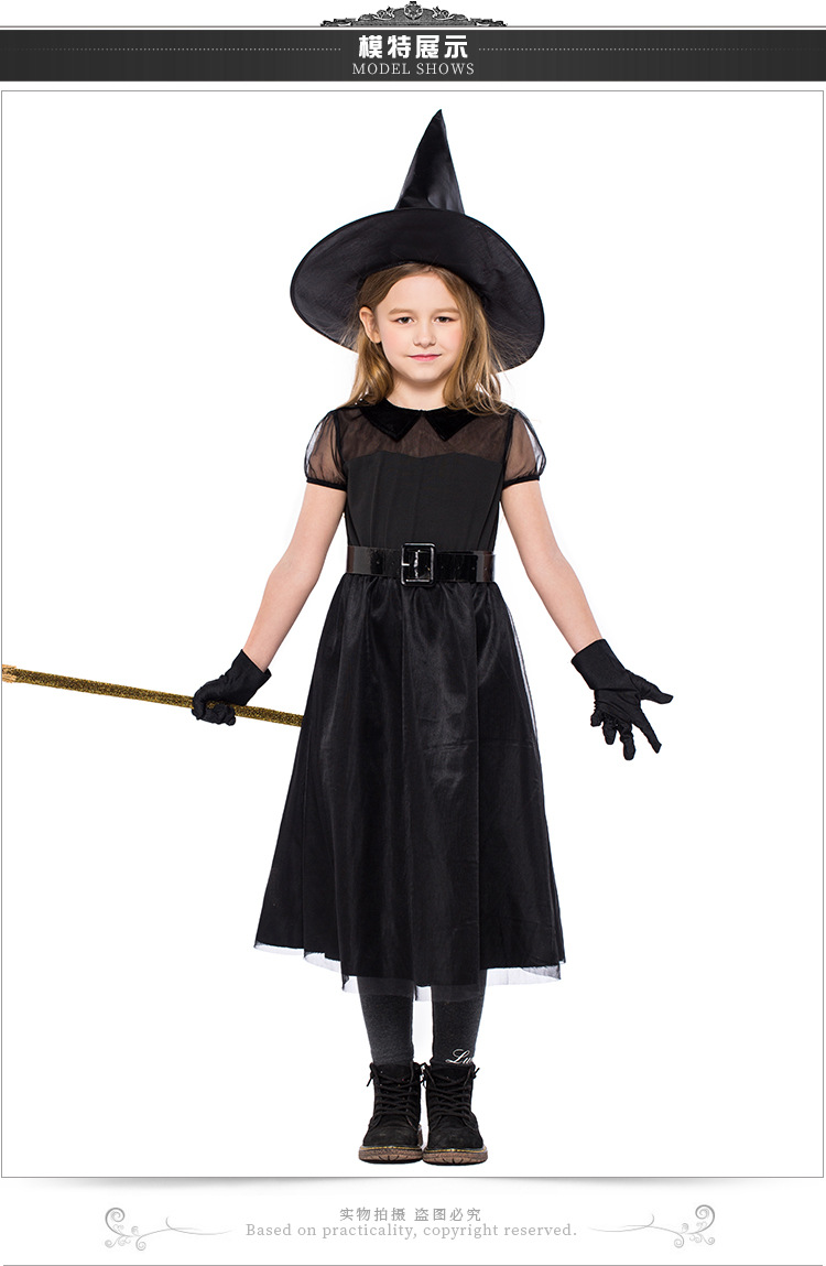Halloween witch costume, black mesh little witch children's costume, performance costume, crazy witch role-playing costume.