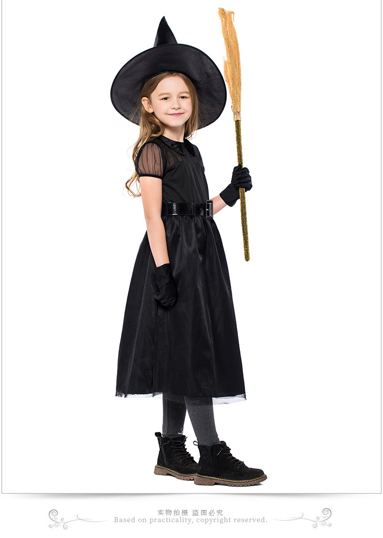 Halloween witch costume, black mesh little witch children's costume, performance costume, crazy witch role-playing costume.