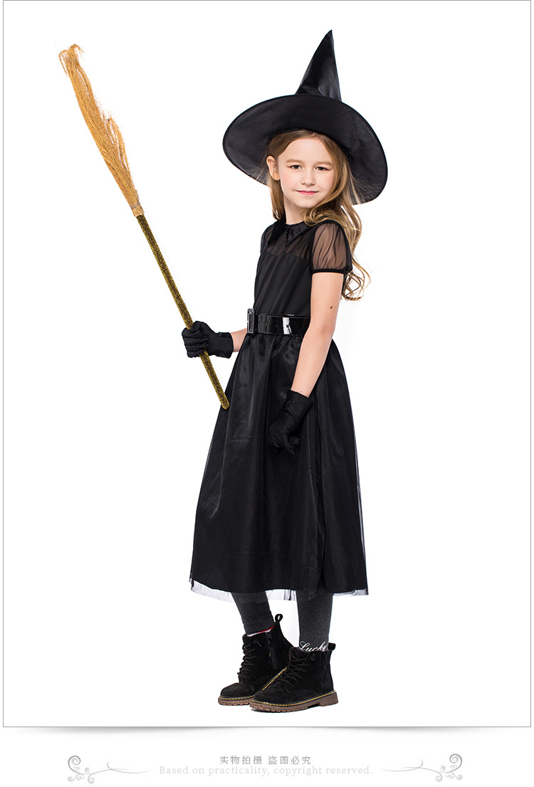 Halloween witch costume, black mesh little witch children's costume, performance costume, crazy witch role-playing costume.