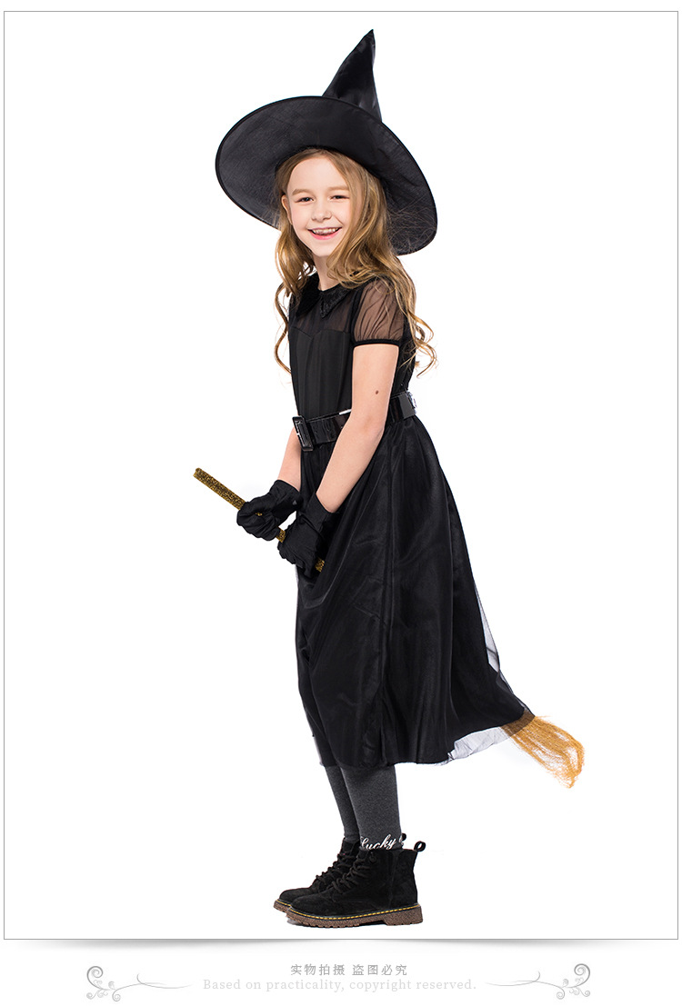 Halloween witch costume, black mesh little witch children's costume, performance costume, crazy witch role-playing costume.