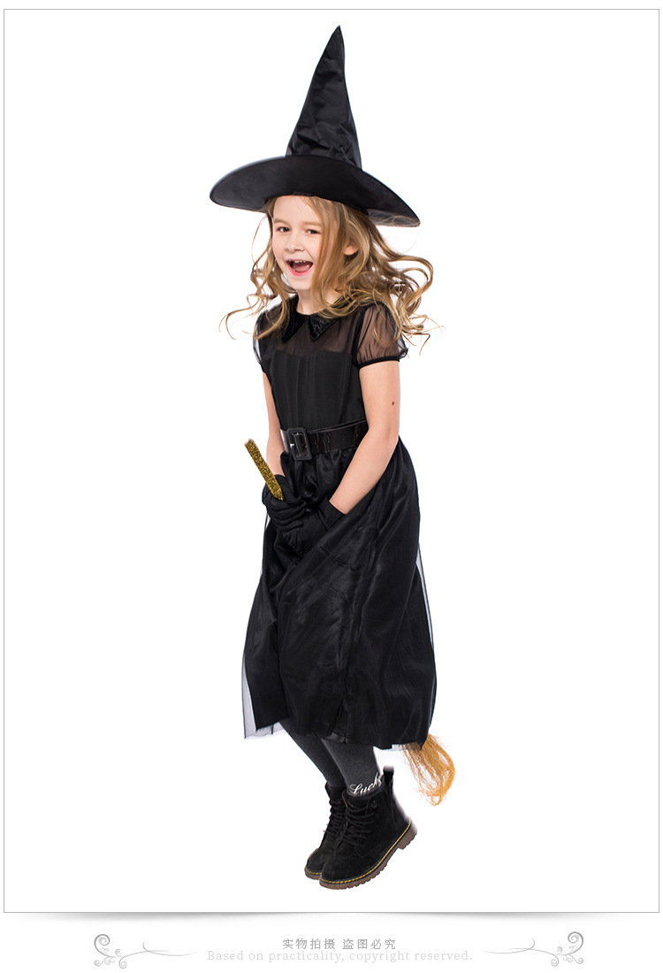 Halloween witch costume, black mesh little witch children's costume, performance costume, crazy witch role-playing costume.