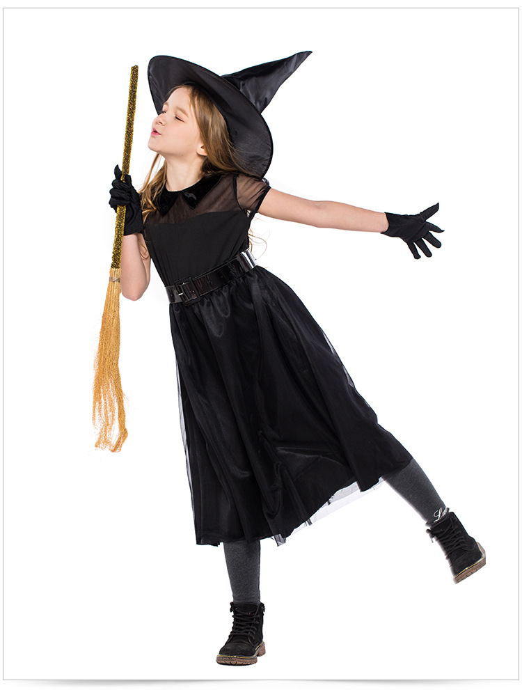 Halloween witch costume, black mesh little witch children's costume, performance costume, crazy witch role-playing costume.