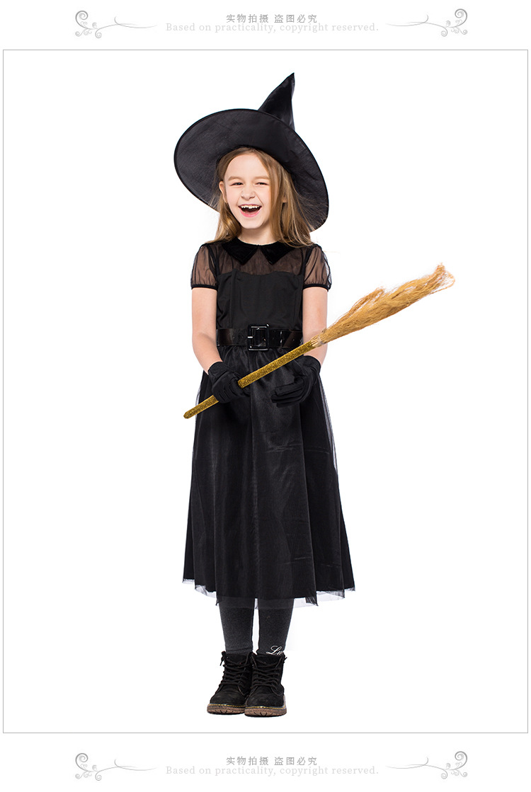 Halloween witch costume, black mesh little witch children's costume, performance costume, crazy witch role-playing costume.