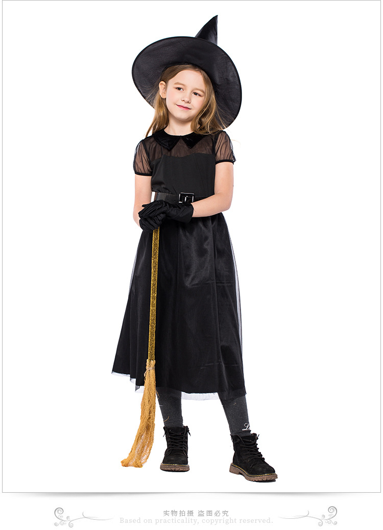 Halloween witch costume, black mesh little witch children's costume, performance costume, crazy witch role-playing costume.