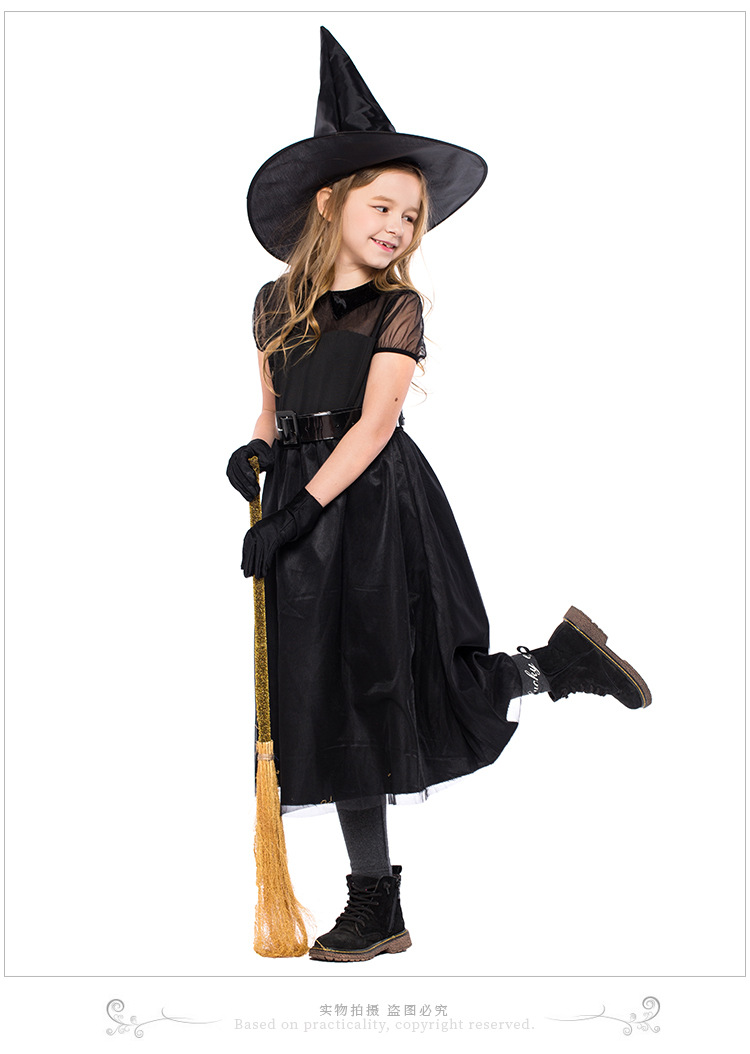 Halloween witch costume, black mesh little witch children's costume, performance costume, crazy witch role-playing costume.