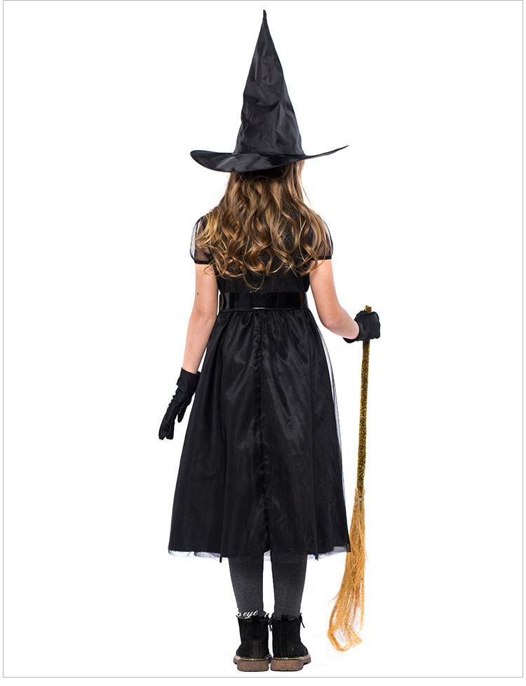 Halloween witch costume, black mesh little witch children's costume, performance costume, crazy witch role-playing costume.