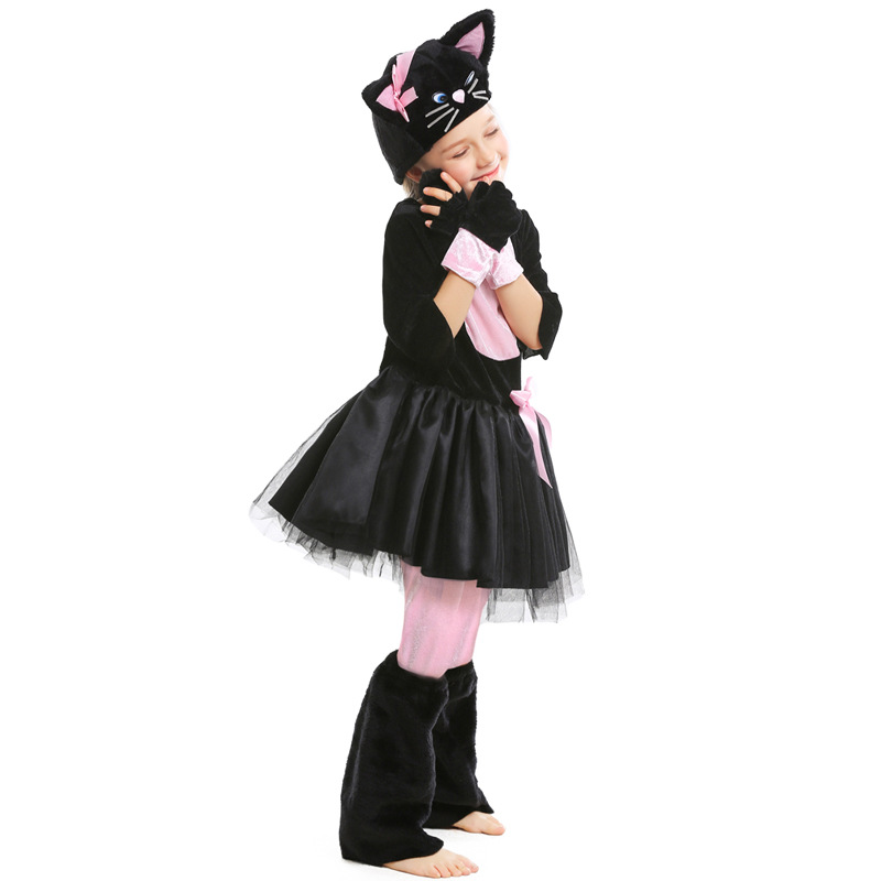 Halloween costume, animal character costume, cosplay, black and pink cat with bow, children's performance costume