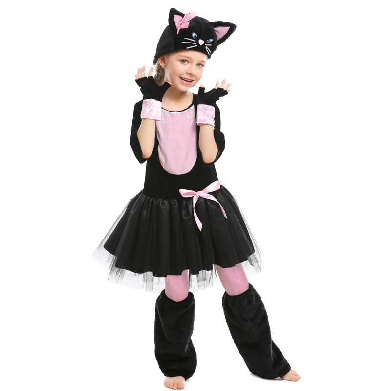 Halloween costume, animal character costume, cosplay, black and pink cat with bow, children's performance costume